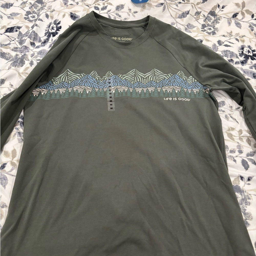 Life Is Good Men's Olive Long Sleeve Tee with Mountain Design